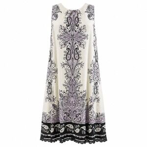 LOFT Womens Dress 14 Linen Cream Paisley Shift Boho Lace Hem Summer Sleeveless